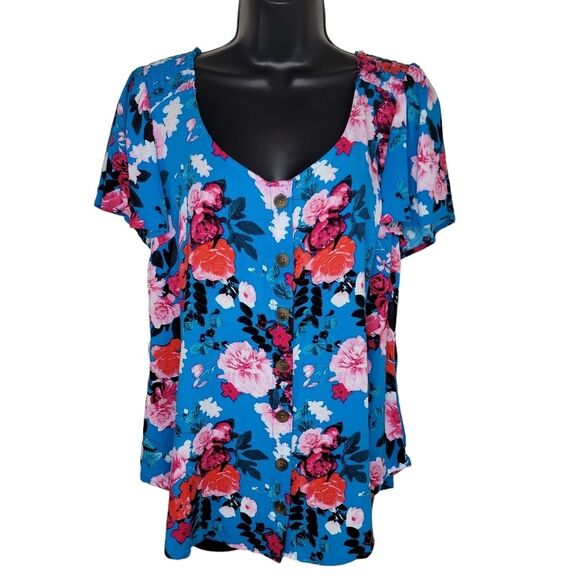 Torrid Rayon Slub Button-Front Flutter Sleeve Top 00 (m/l) - Picture 2 of 7